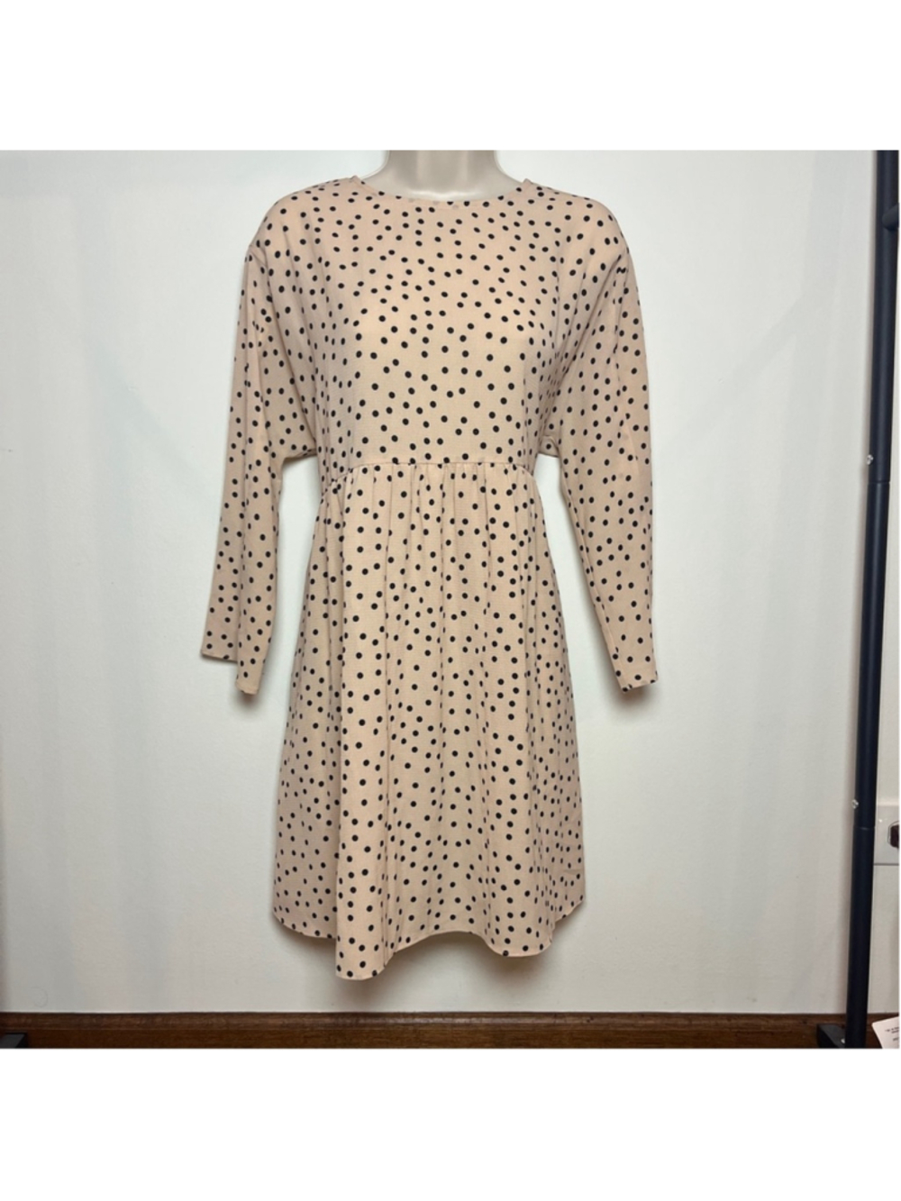 ASOS Polka Dot Dress Long Sleeve Cream Midi Size 8 Minimalist Capsule Cottage